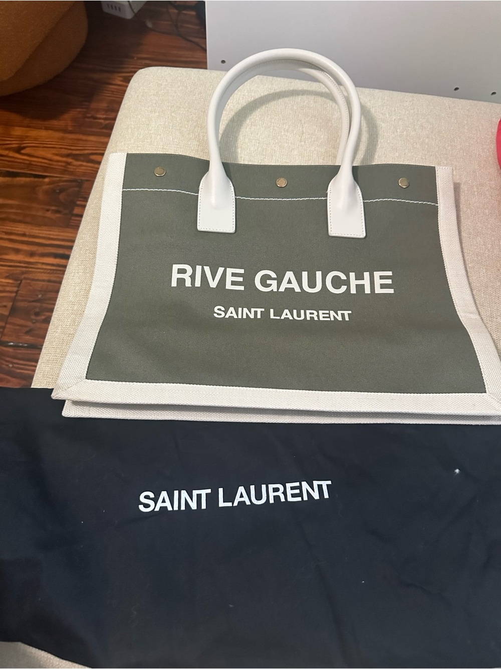 Saint Laurent Rive Gauche Linen Tote with Calfskin Leather